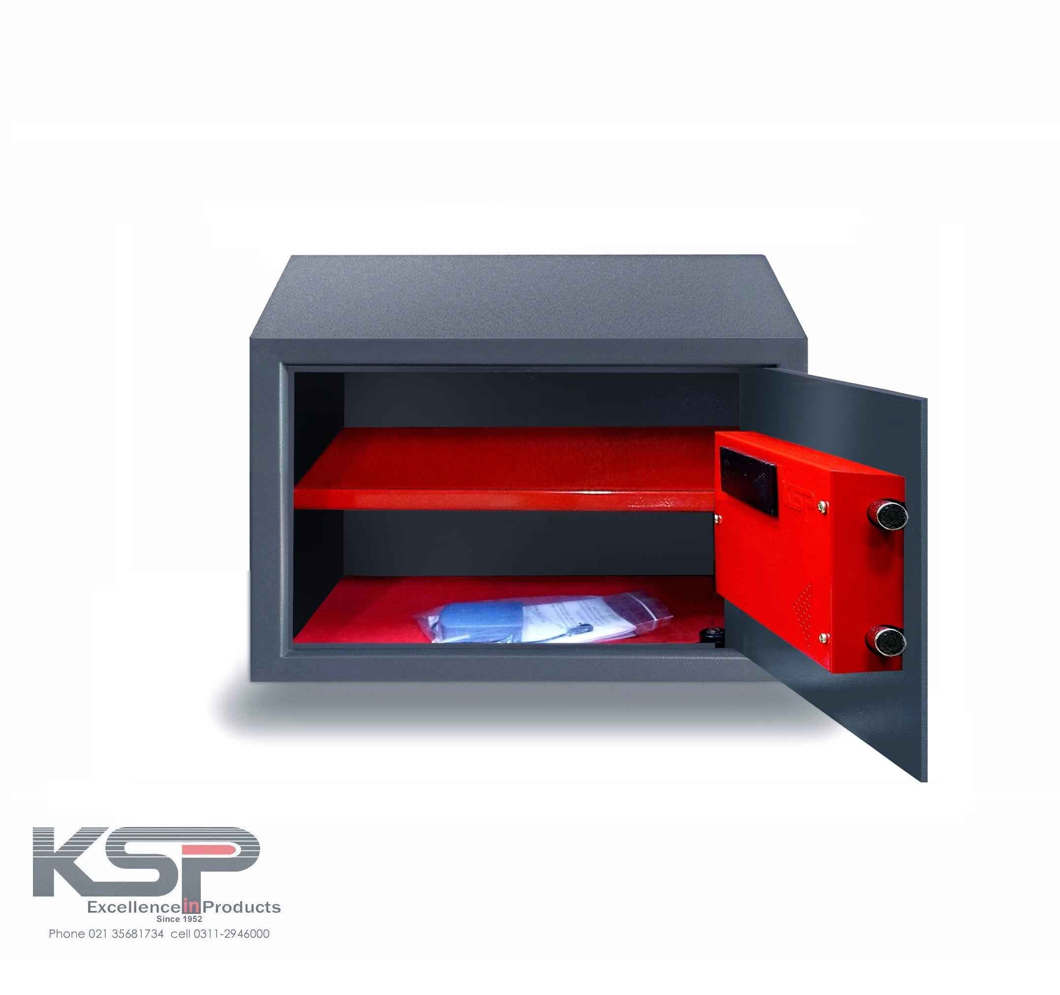KSP Digital Locker ECN-25 gray security safe with red interior shelves open showing documents inside
