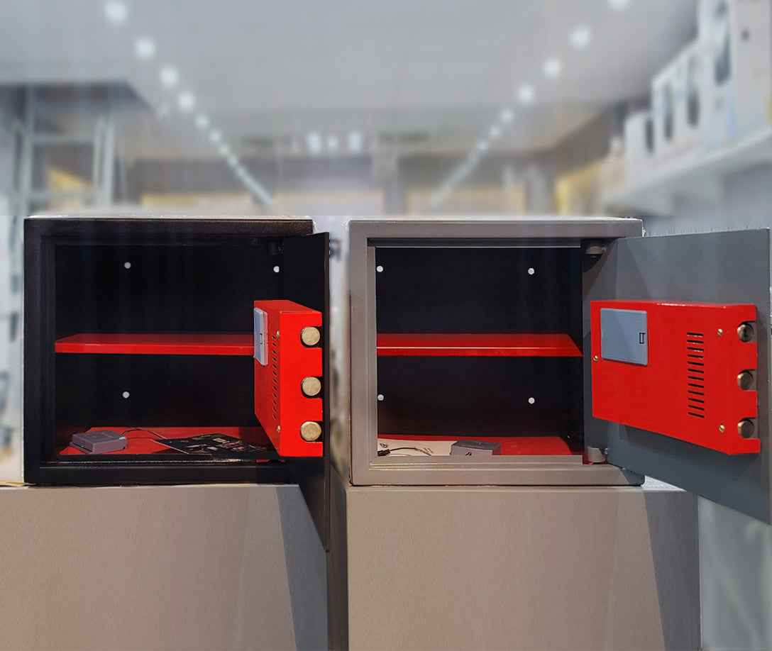 KSPSafe&Vault Digital Locker ECN-30 security safes with open doors showing red locking bolts and interior shelving