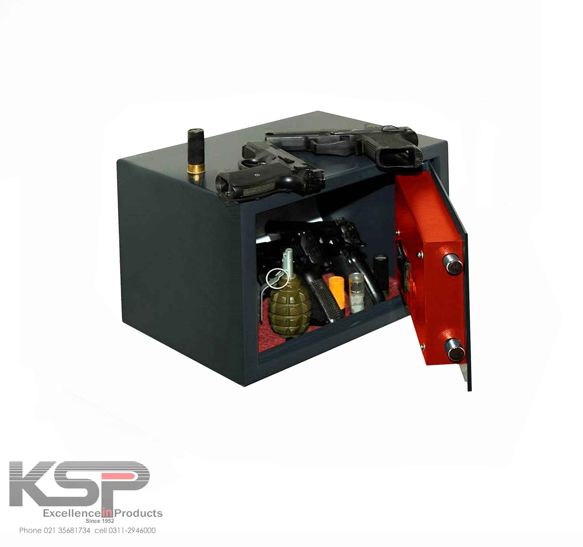 KSPSafe&Vault Digital Locker ED-25 open with firearms and ammunition inside for secure storage