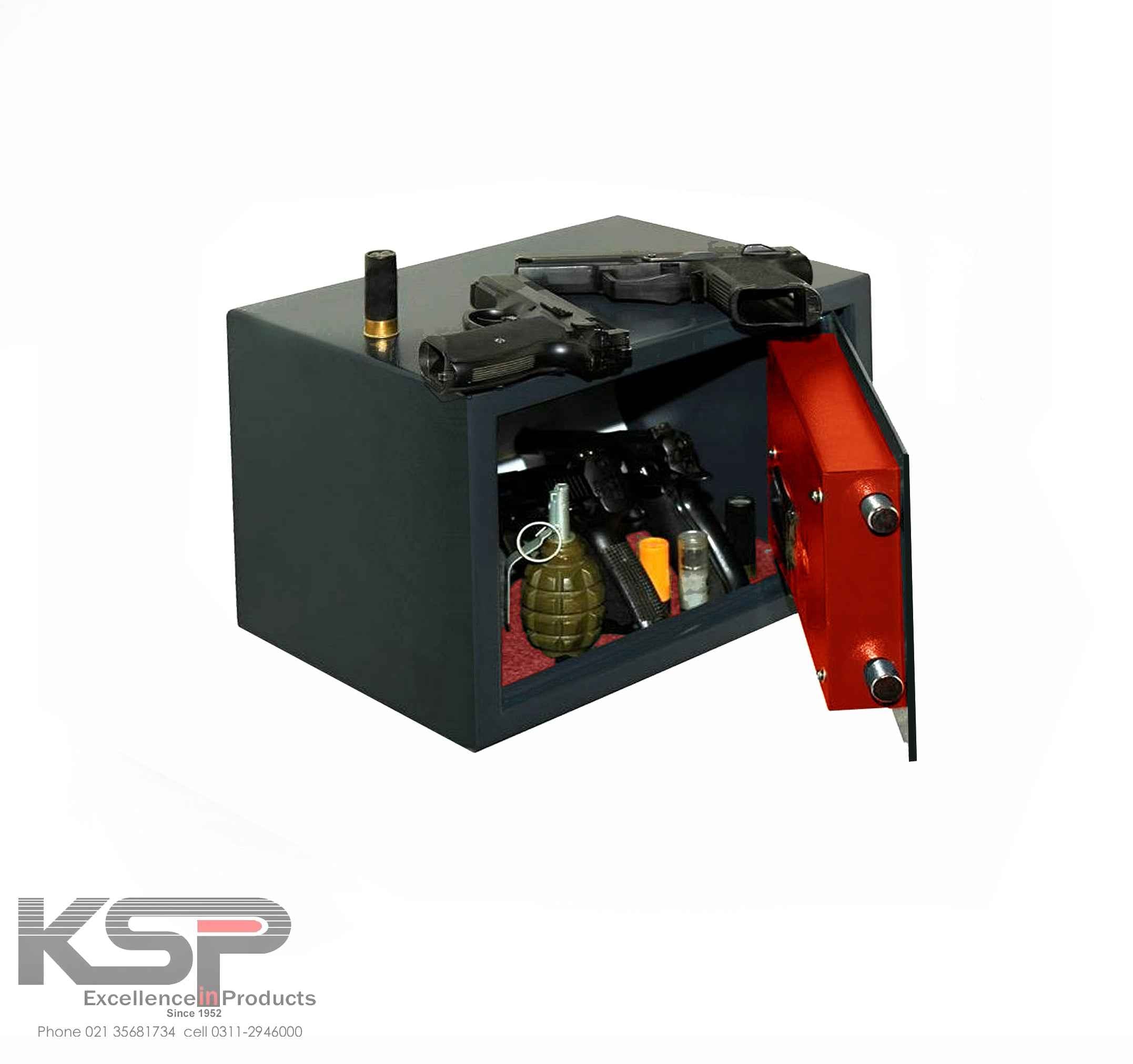 KSPSafe&Vault Digital Locker ED-25 open with firearms and ammunition inside for secure storage