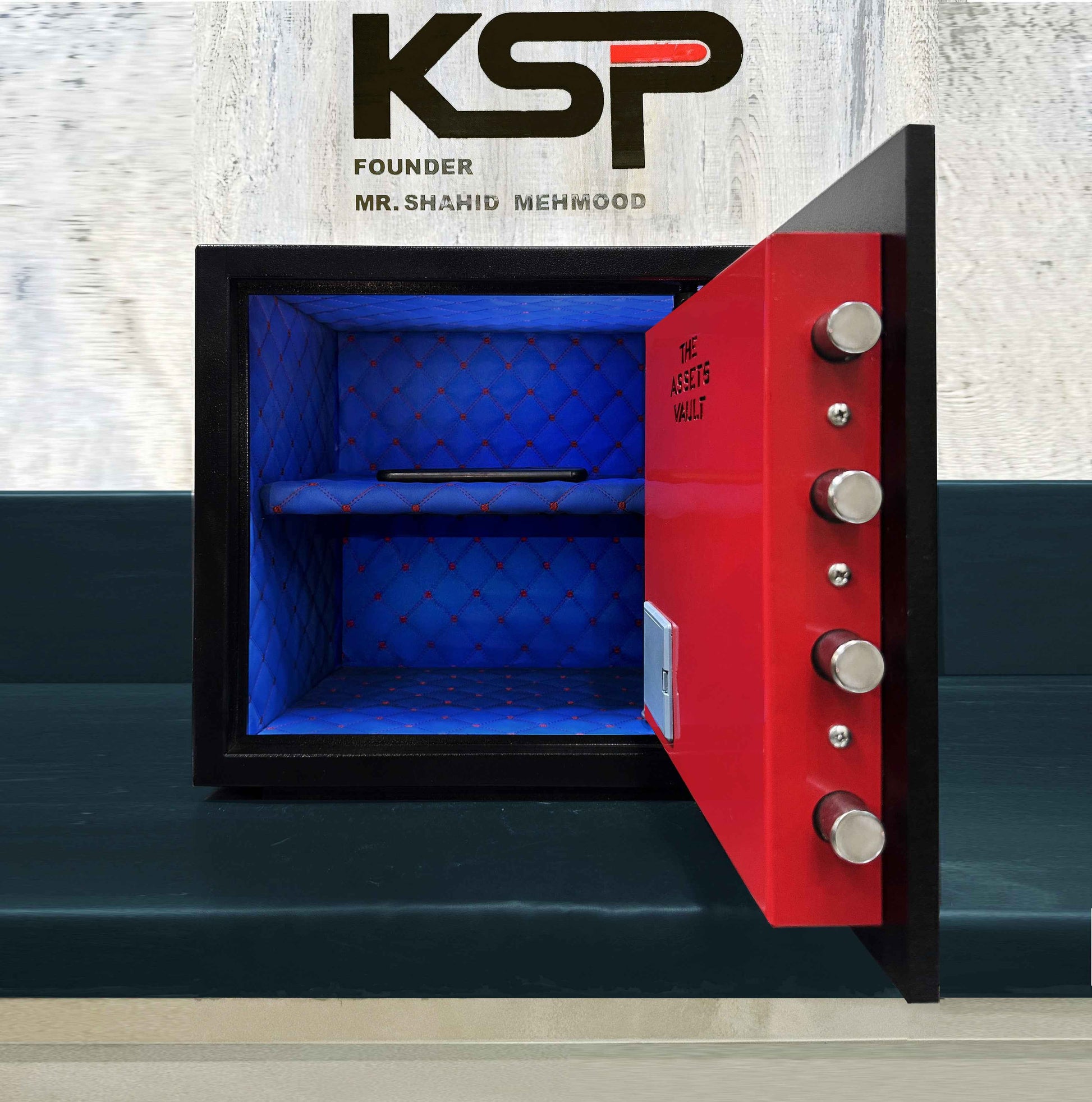 KSPSafe&Vault Digital Locker ED-30 open with blue quilted interior and red door with locking bolts