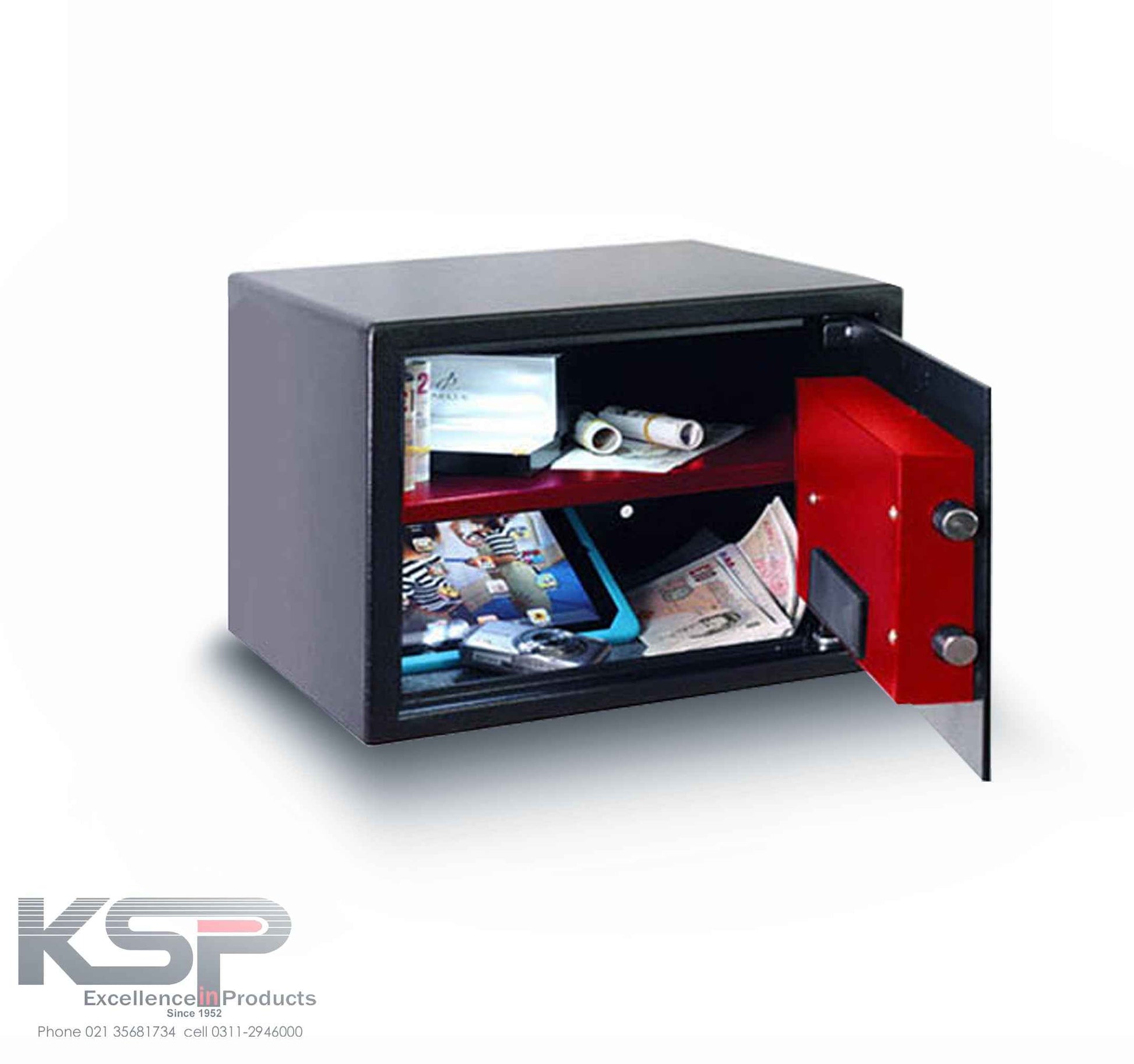 KSPSafeVault Digital Locker EG-20 open black safe with red interior door and shelves holding documents tablet and cash
