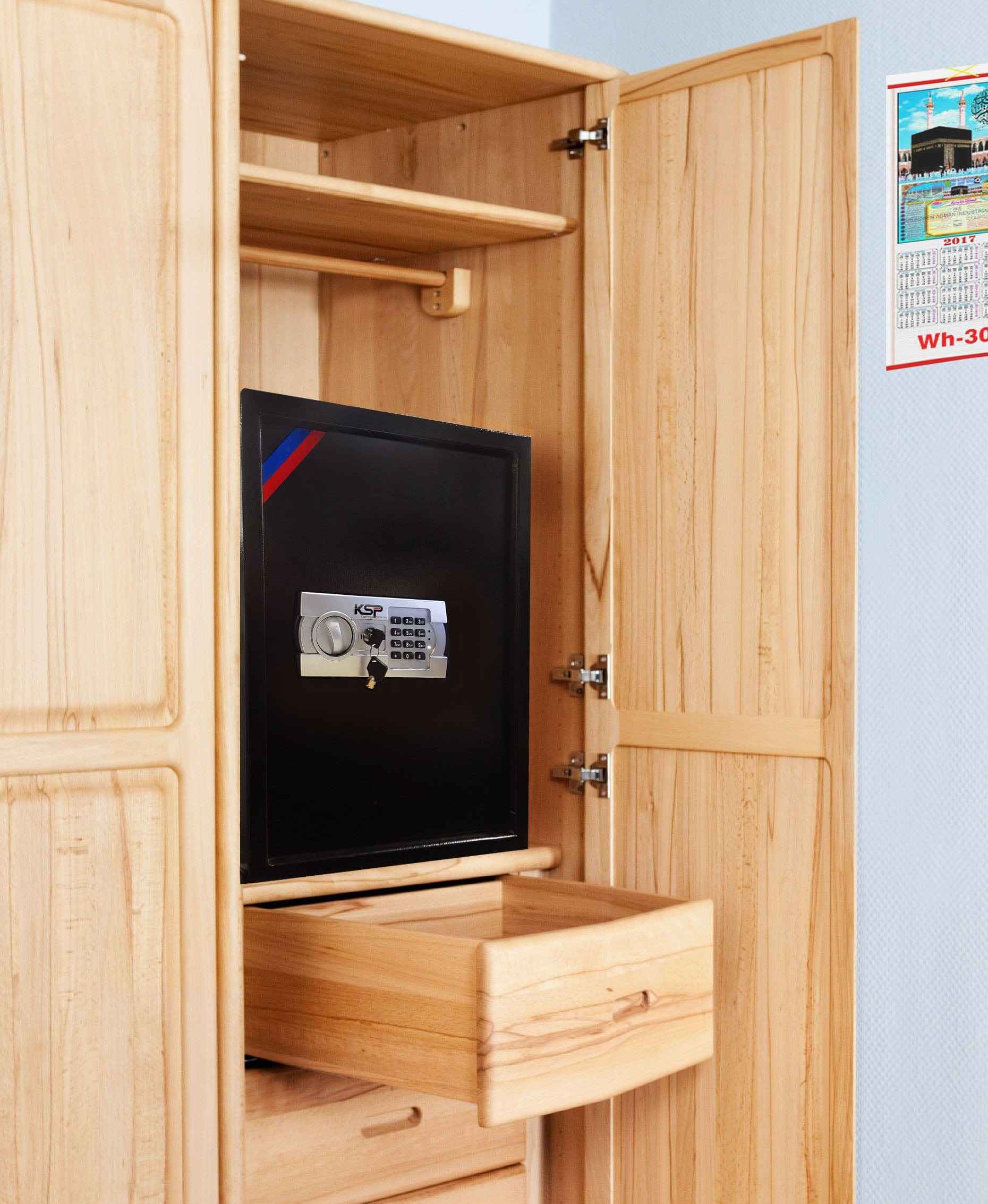 KSPSafe&Vault Digital Locker EG-50 black security safe inside a wooden wardrobe with keypad lock