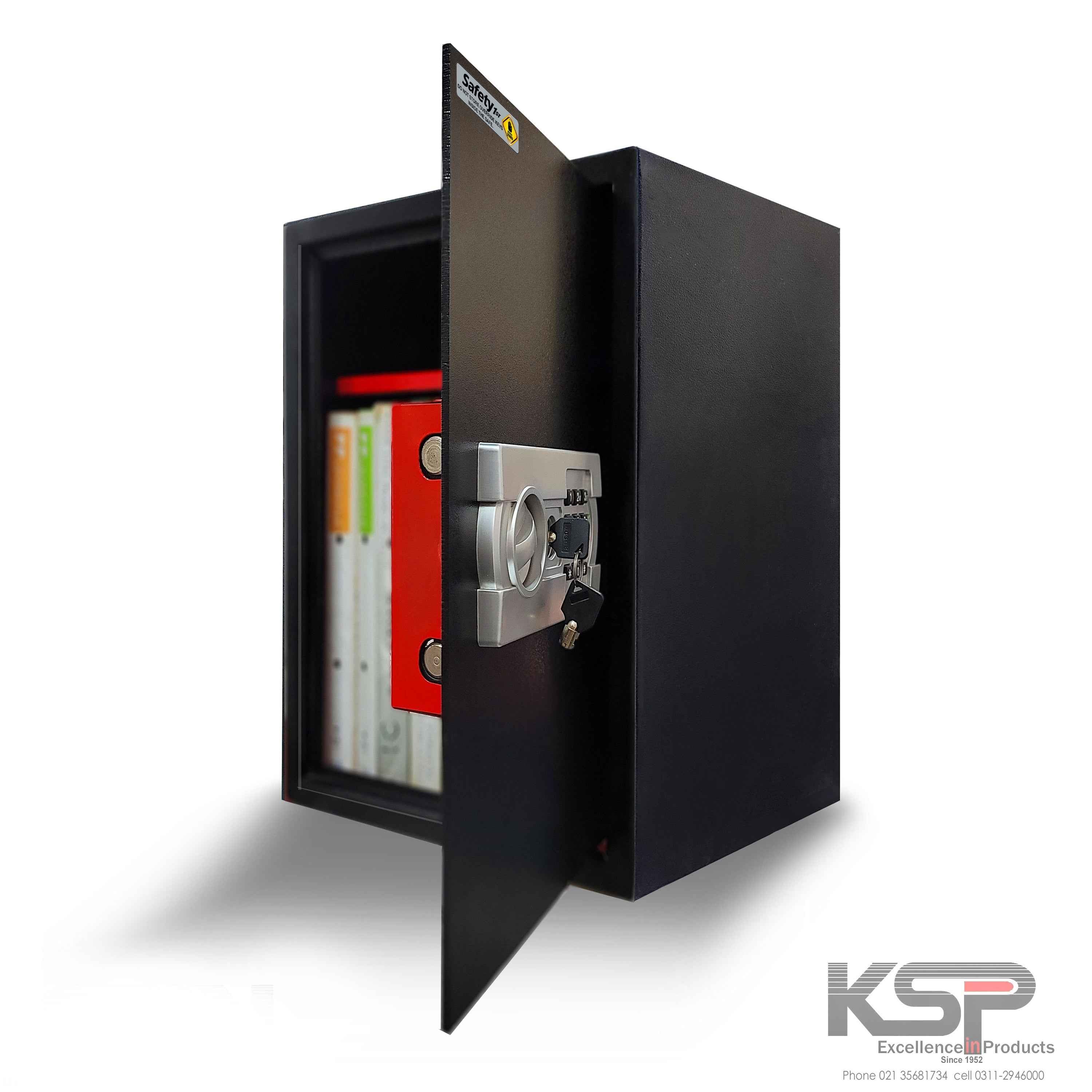 KSPSafe&Vault Digital Locker EG-50 black security safe with open door showing file storage inside