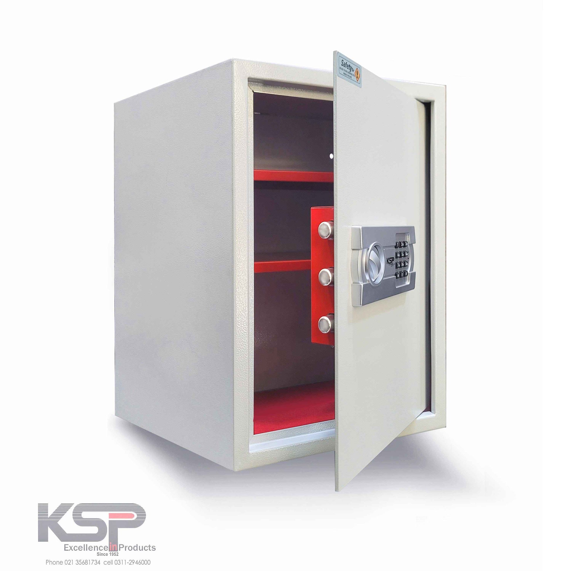 KSPSafe&Vault Digital Locker EG-50 security safe with open door showing red interior shelves and digital keypad lock