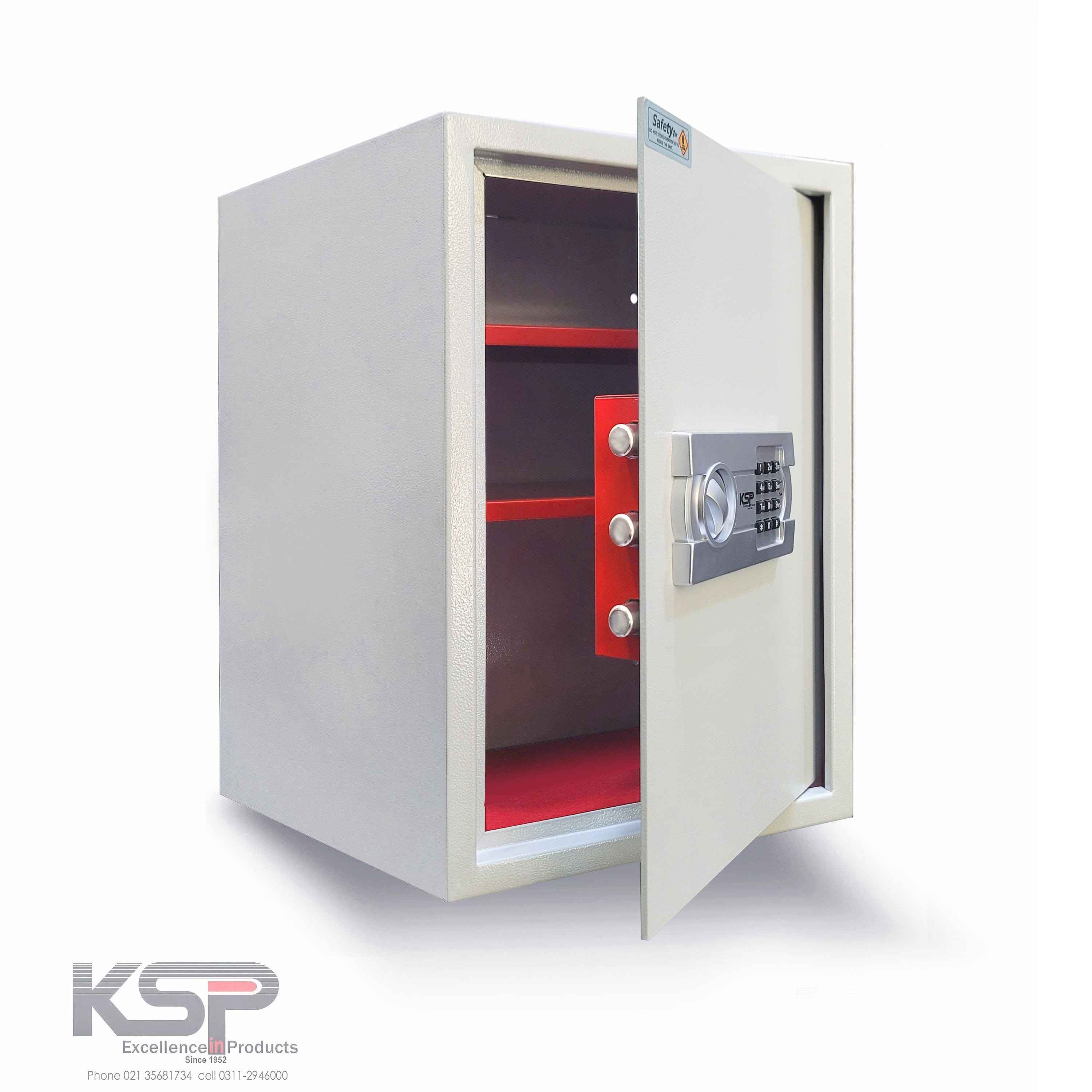 KSPSafe&Vault Digital Locker EG-50 security safe with open door showing red interior shelves and digital keypad lock