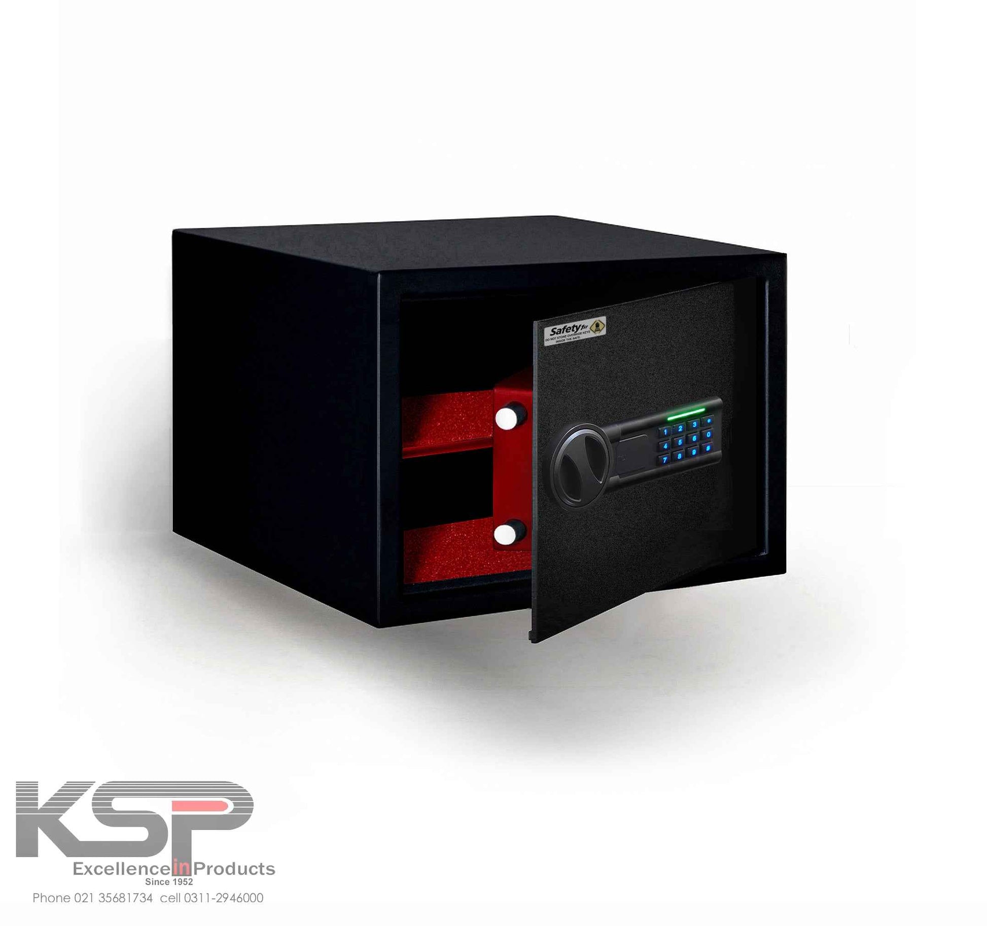 KSPSafe Vault black security safe with open door and illuminated digital keypad red felt interior Digital Locker EGN-25