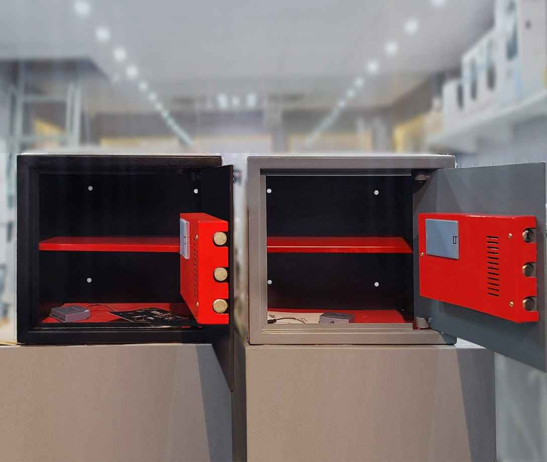 KSPSafe&Vault Digital Locker EGN-30N security safes with open doors showing red locking mechanisms and interior shelving