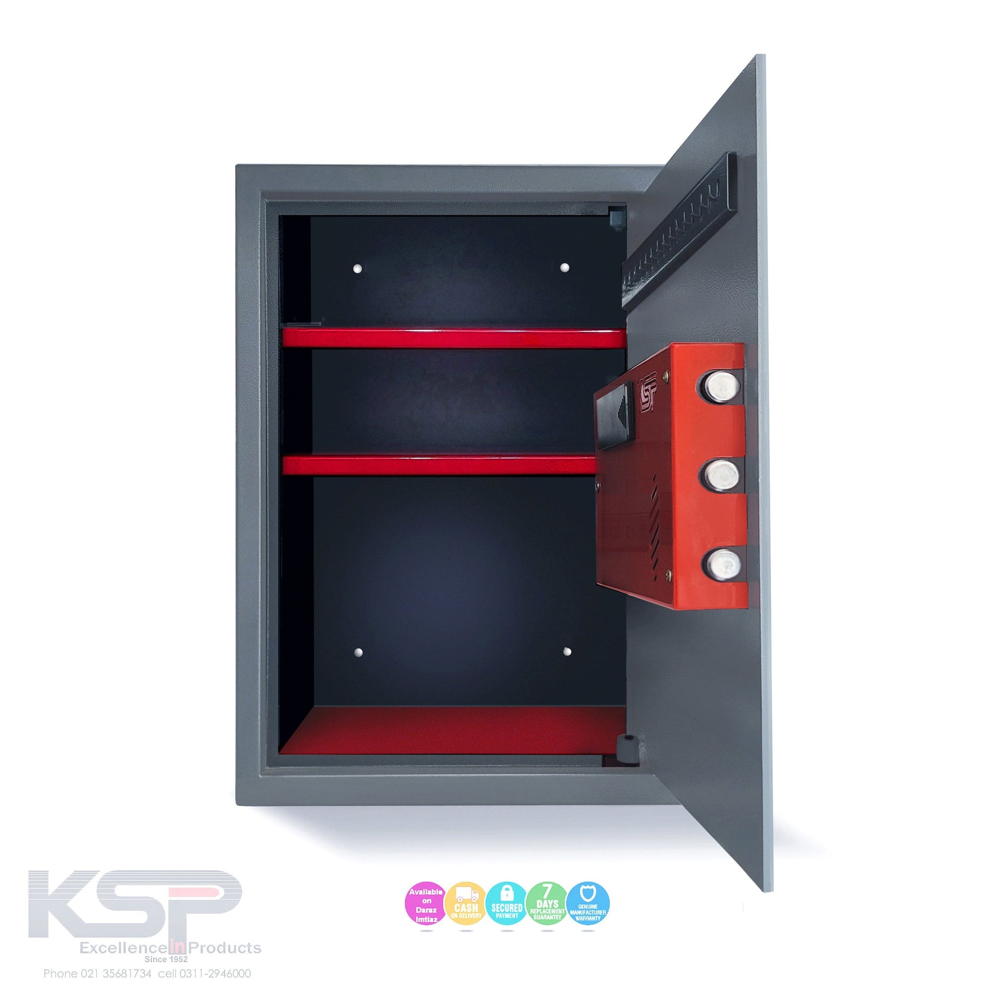 Open KSPSafe&Vault Digital Locker EGN-50N security safe with red interior shelves and digital lock