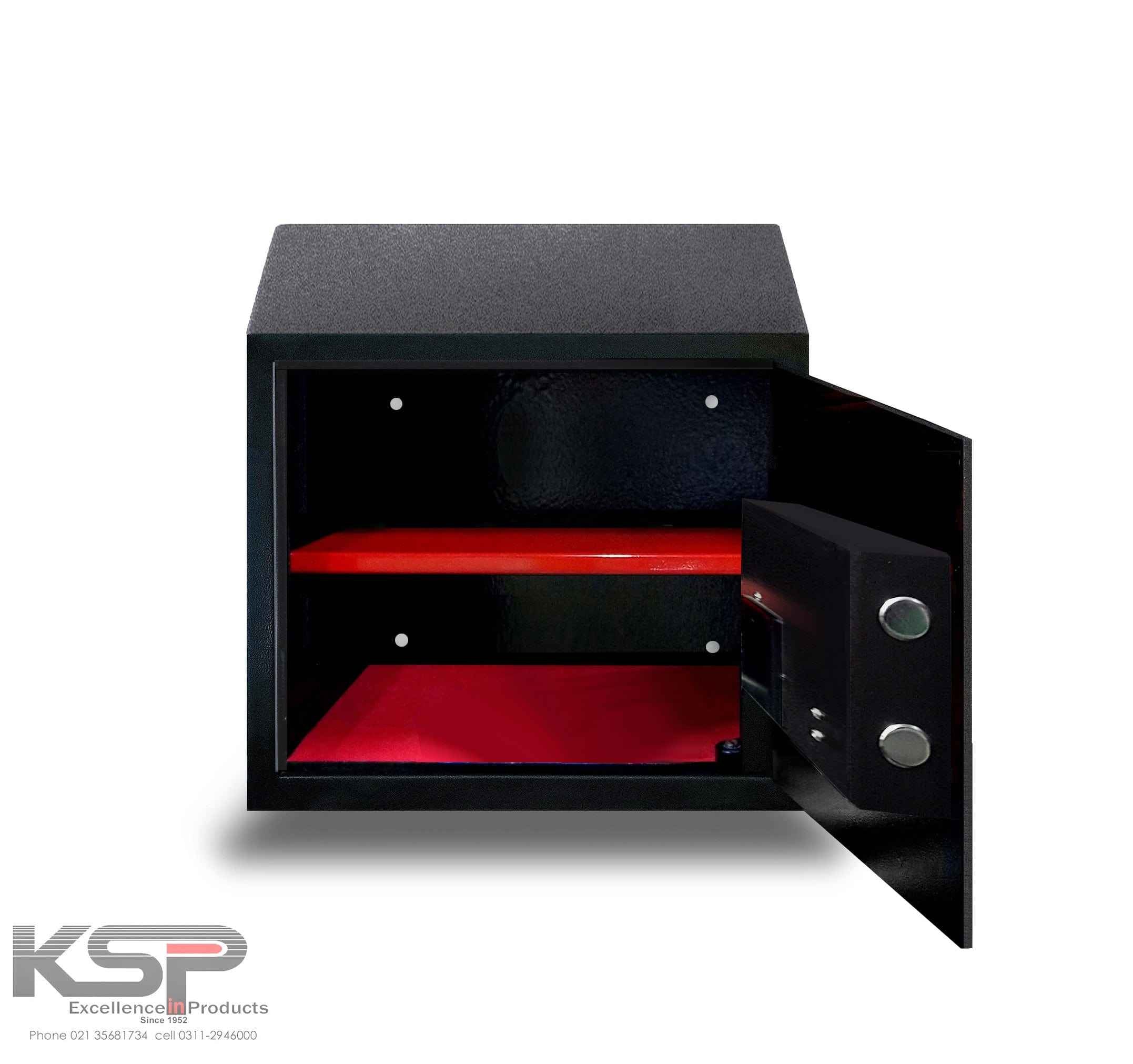 KSPSafe&Vault Digital Locker EM-30 black security safe with red interior shelves and open door