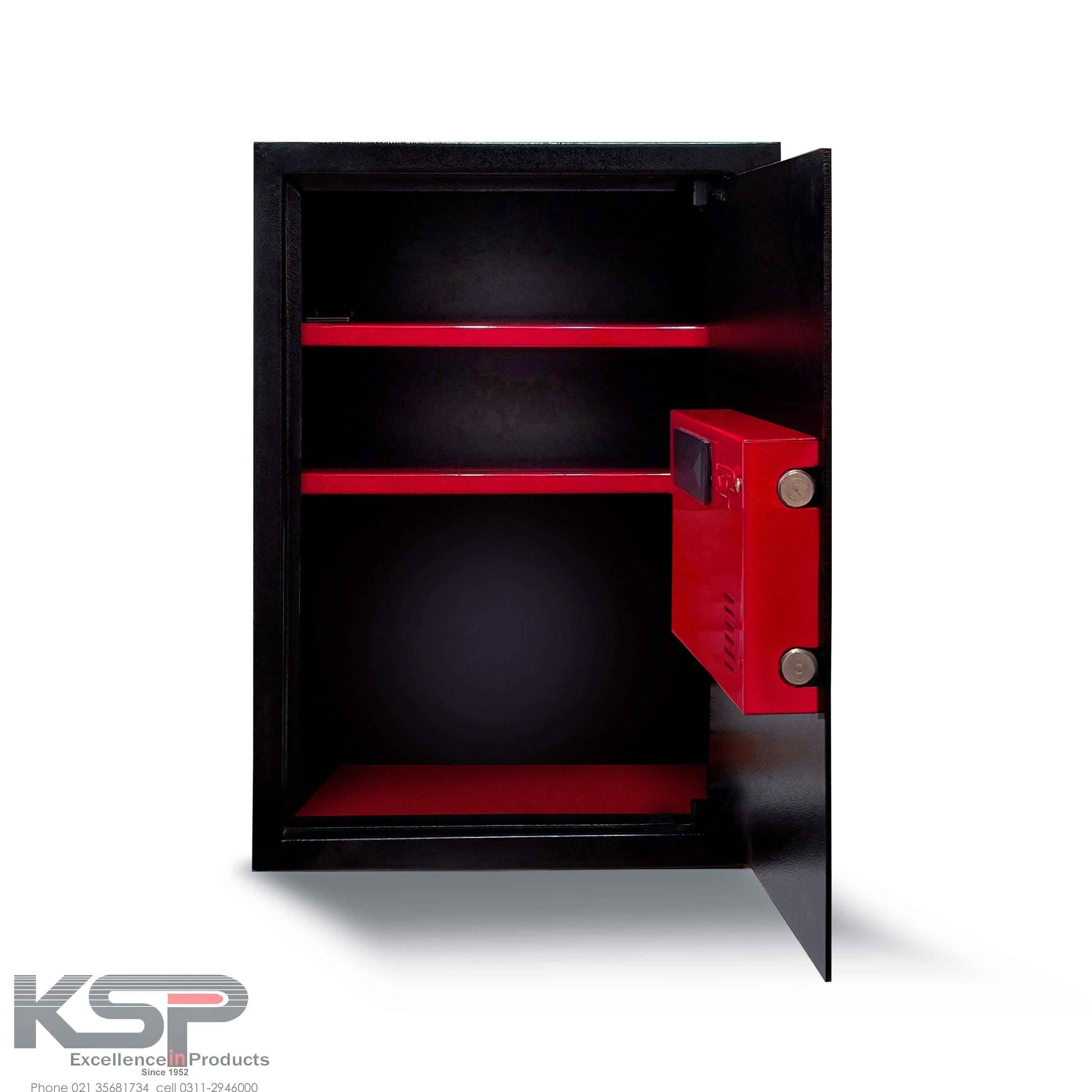 KSP Safe&Vault Digital Locker EM-50 security safe with black exterior and red interior shelves open door