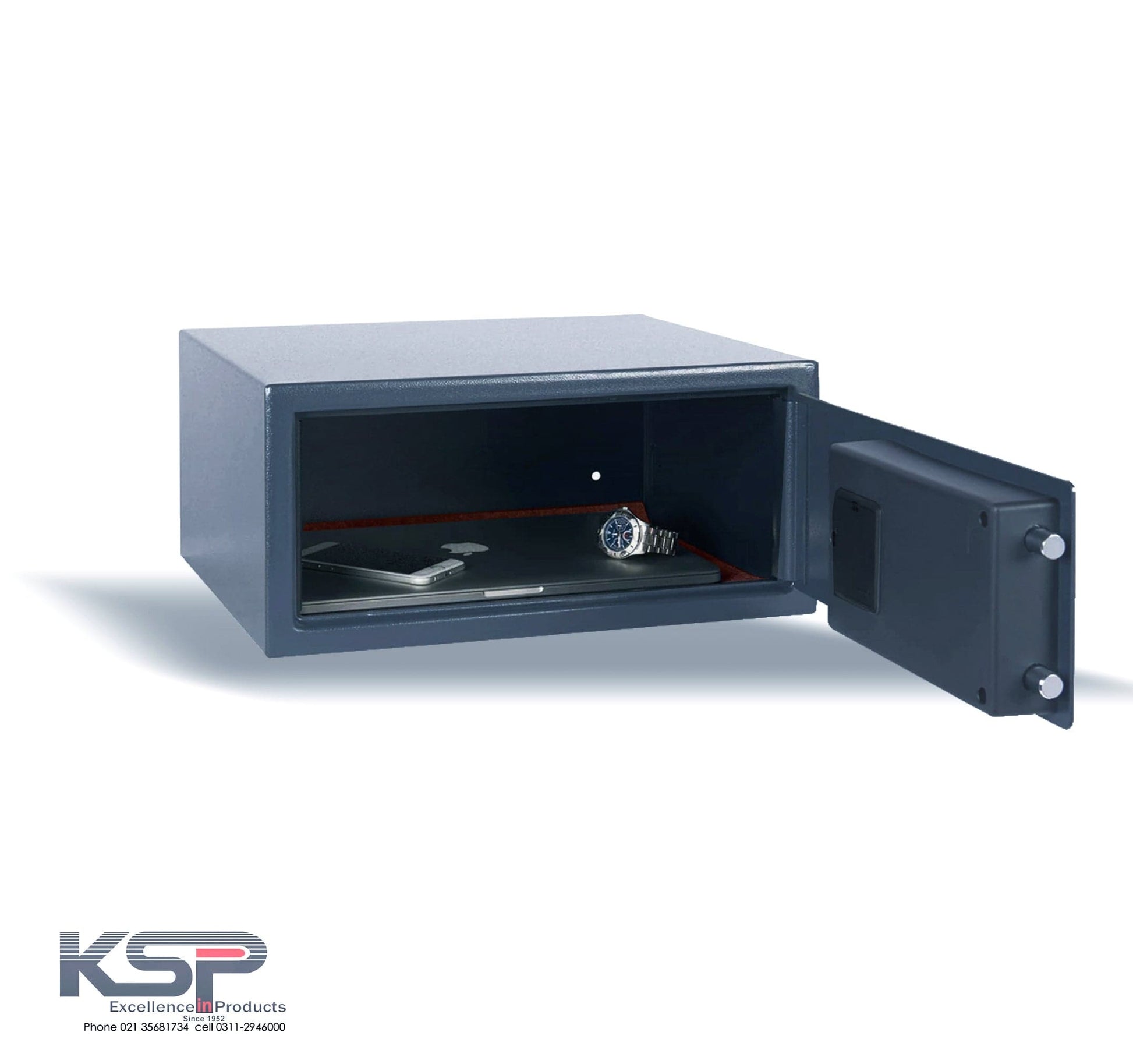 KSP Safe&Vault Digital Safe Locker EGL-40 open showing secure storage with watch and documents inside