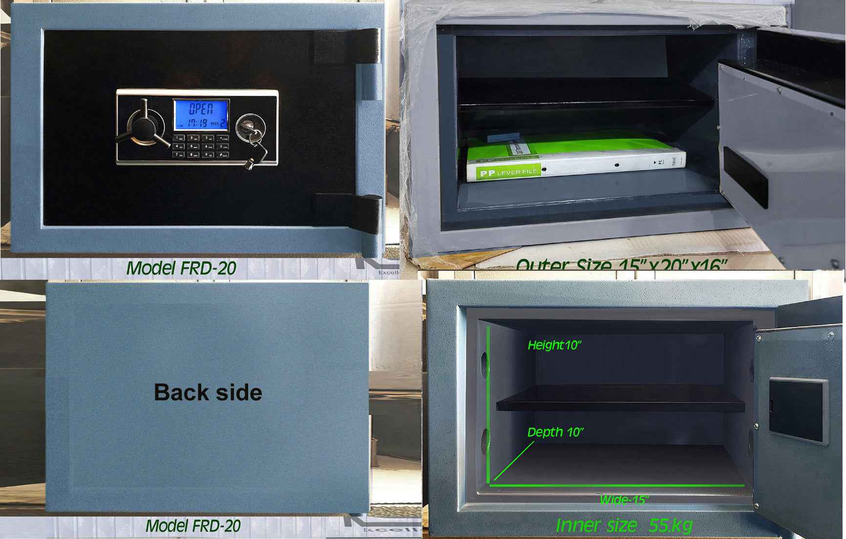 KSPSafe and Vault Security Safes FRD 20 with digital keypad and key locks open showing interior shelf