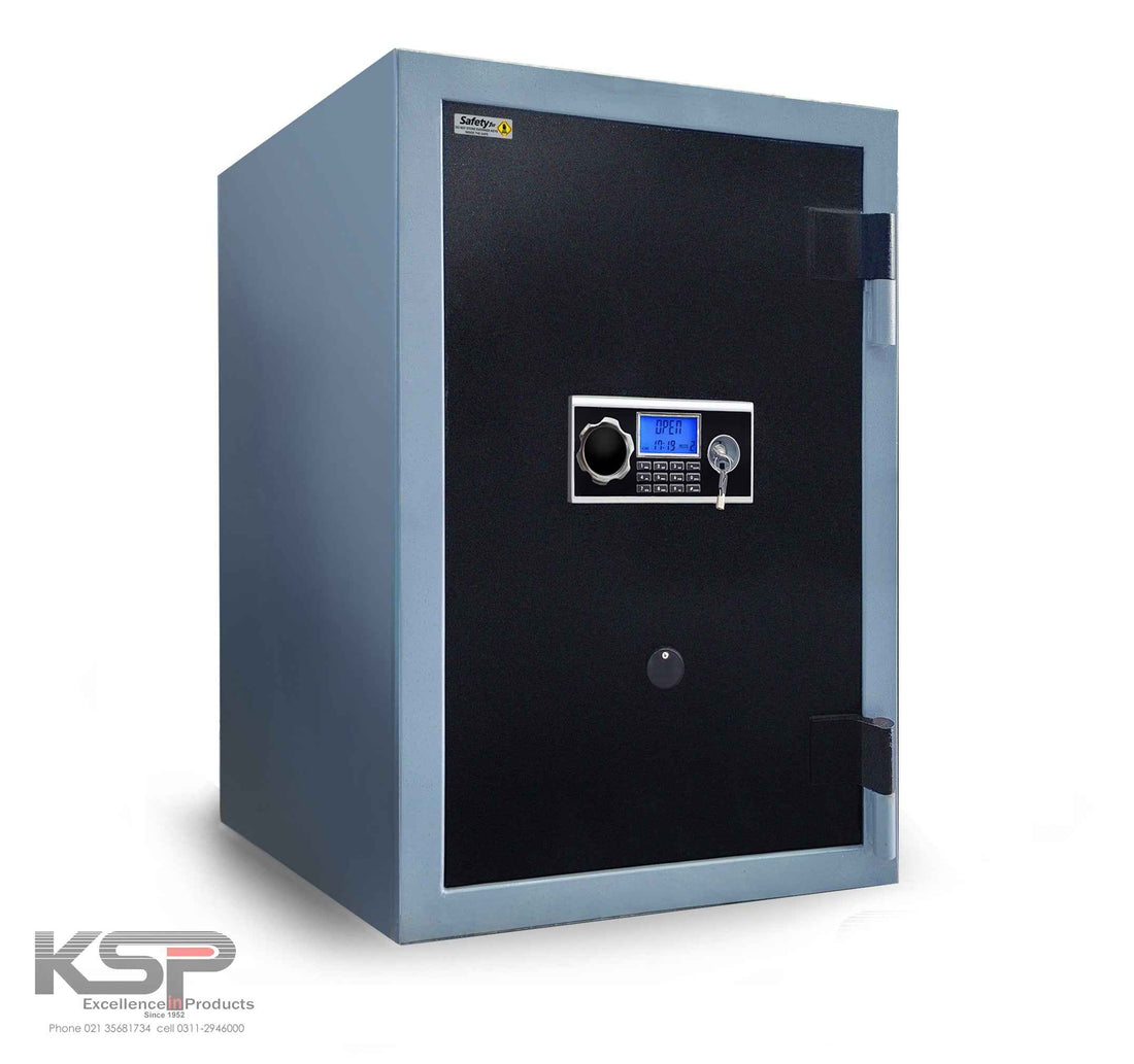 KSPSafe and Vault security safe with electronic keypad and key lock Digital Fire Resistence FRD-36 model in black and gray