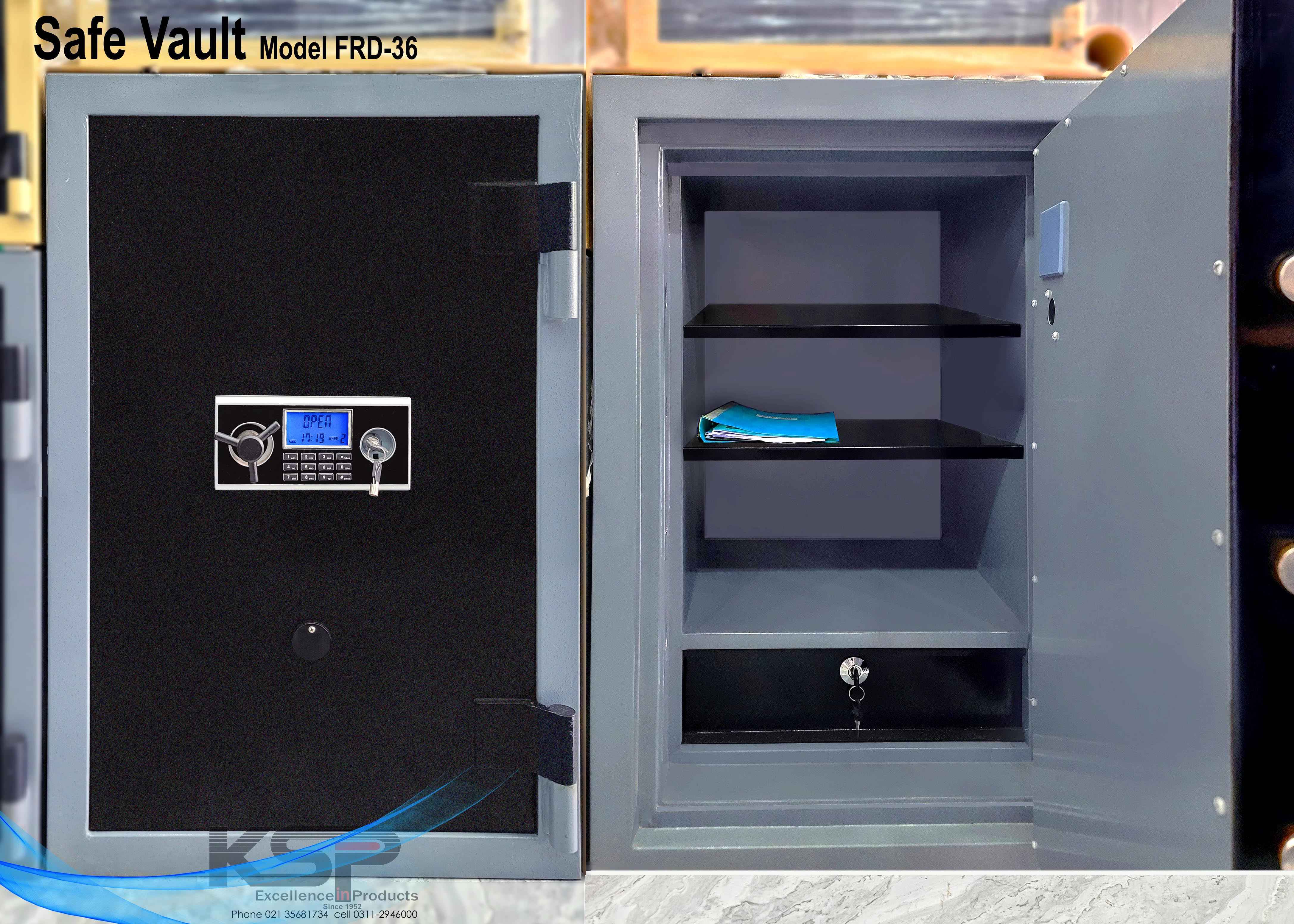 KSPSafe Vault Digital Fire Resistence FRD-36 open security safe with electronic keypad shelves and lockable drawer