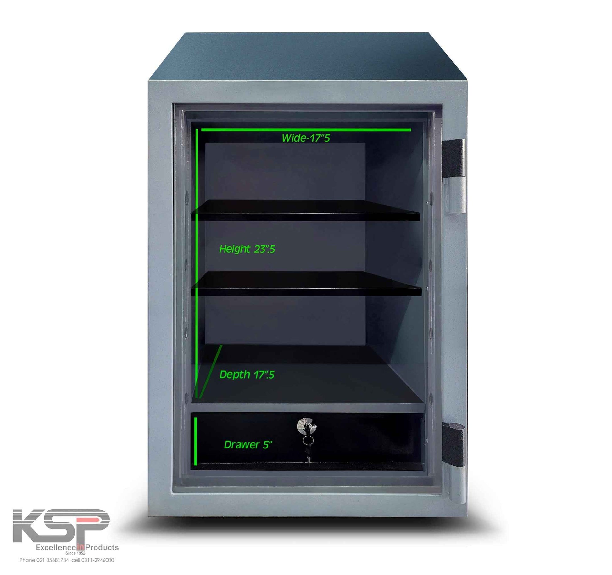 KSPSafe and Vault Digital Fire Resistence FRD-36 security safe with shelves drawer and measurement labels