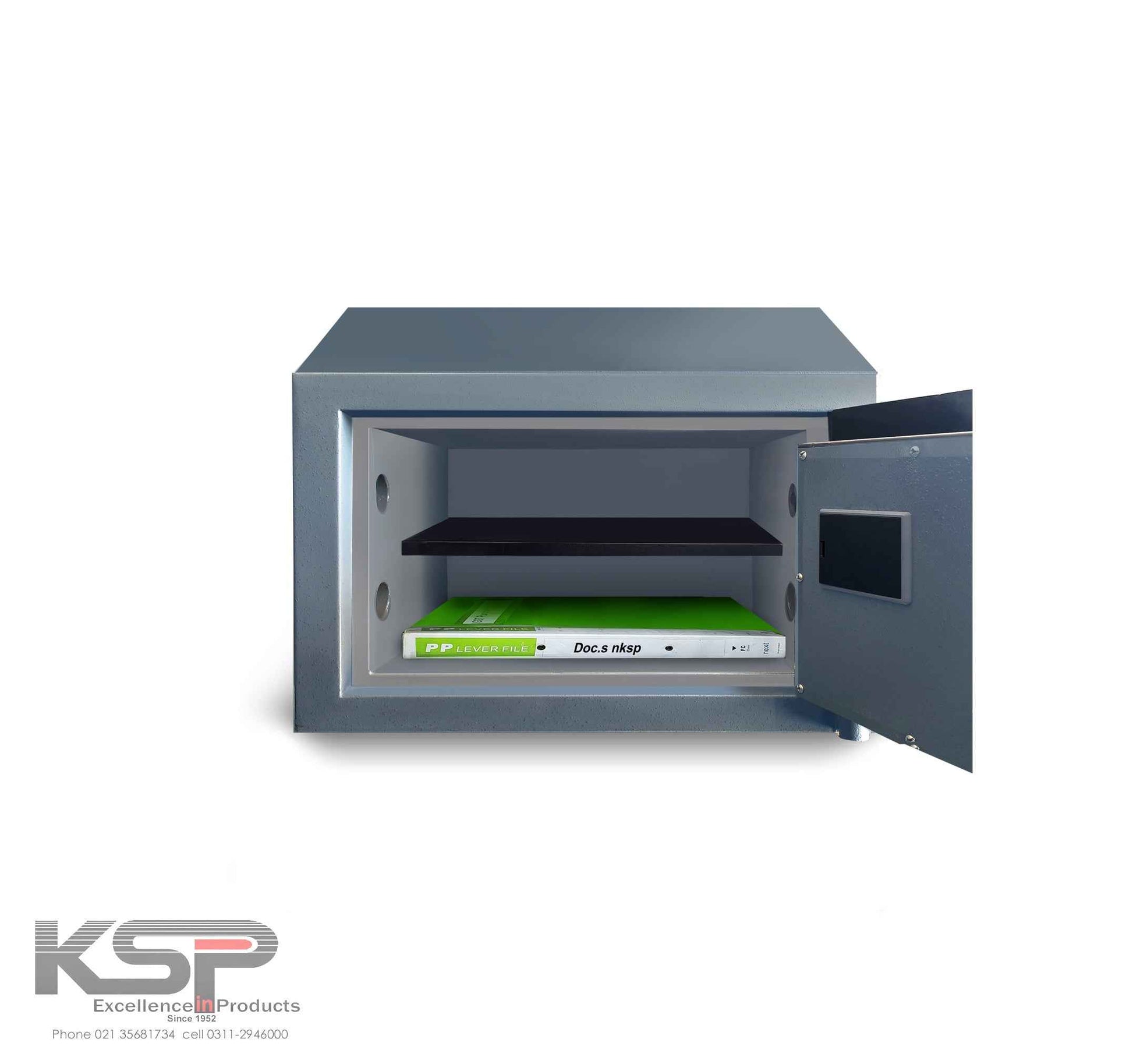 KSPSafe Vault compact gray security safe open with interior shelf and documents Security Safes