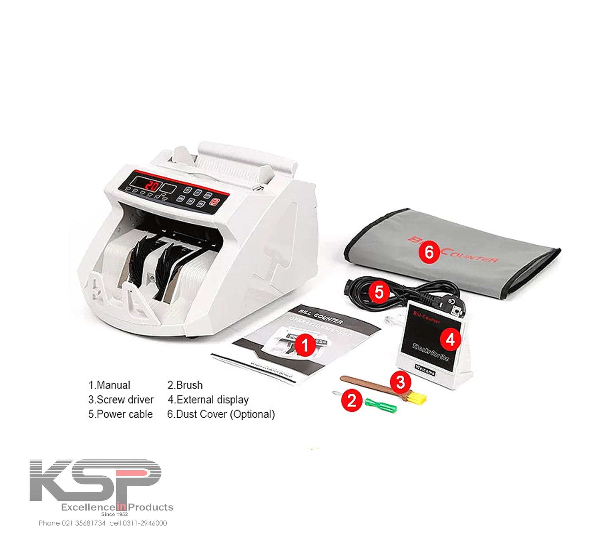 KSP SafeVault white Money Counting Machine with external display, power cable, screwdriver, brush, and dust cover