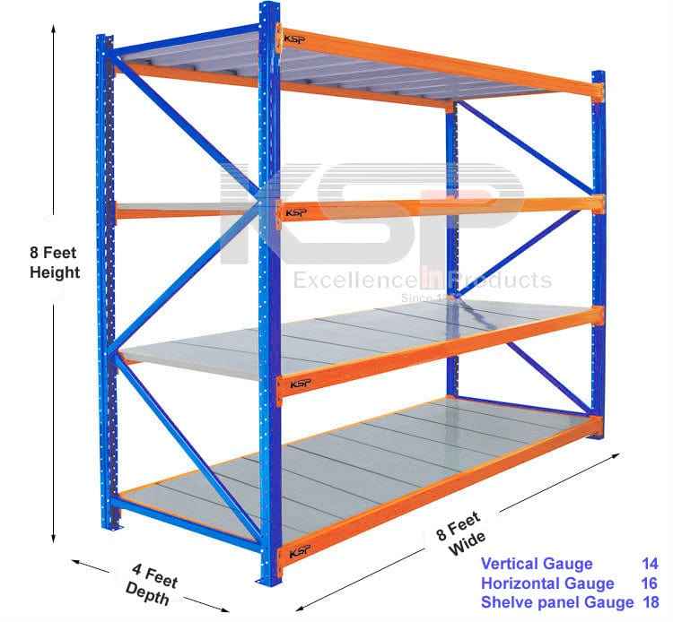 KSP SafeVault medium duty racking industrial shelving unit 8 feet tall with blue frame and orange beams