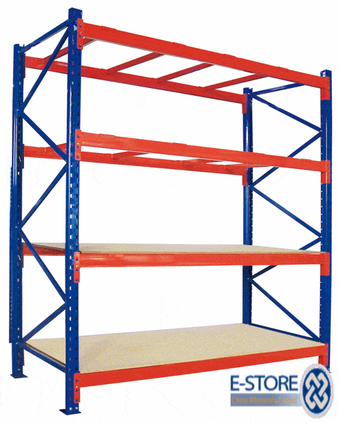KSP Safe&Vault industrial shelving medium duty racking metal frame with wooden shelves in blue and orange