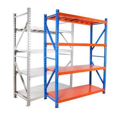 KSP SafeVault industrial shelving with blue and orange frame and gray shelves medium duty racking