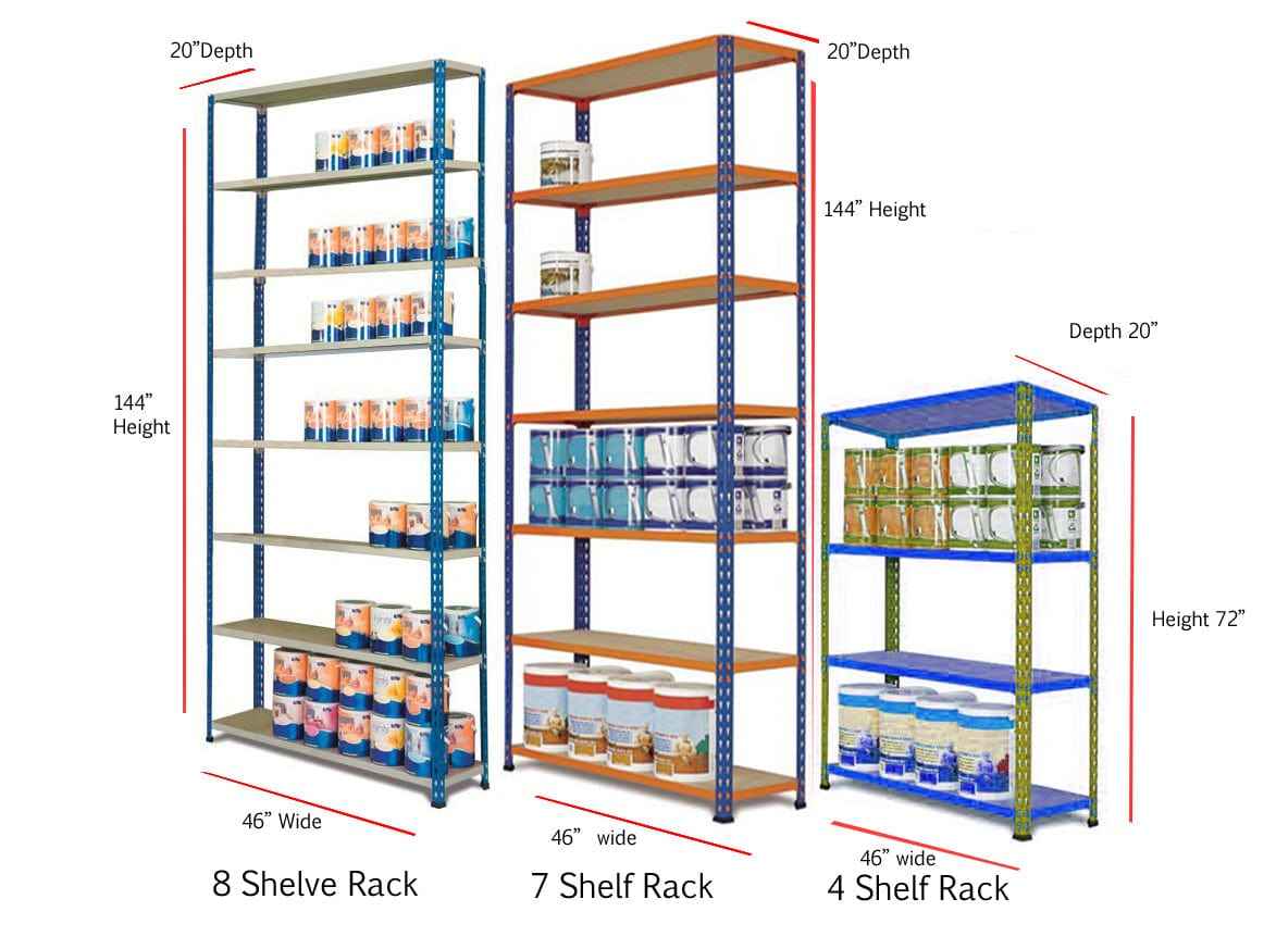 KSPSafeVault shelving racks with 8, 7, and 4 shelves in varying heights and 20 inch depth buy light duty racks online