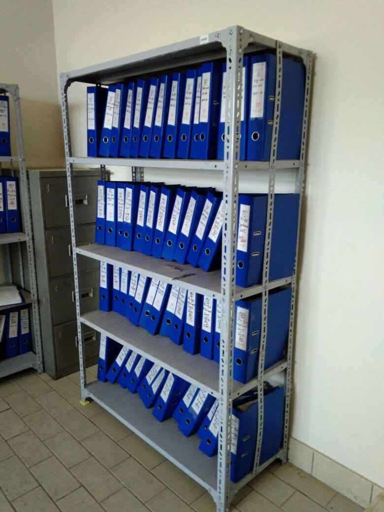 KSPSafeVault shelving unit with blue binders organized on metal shelves buy light duty racks online