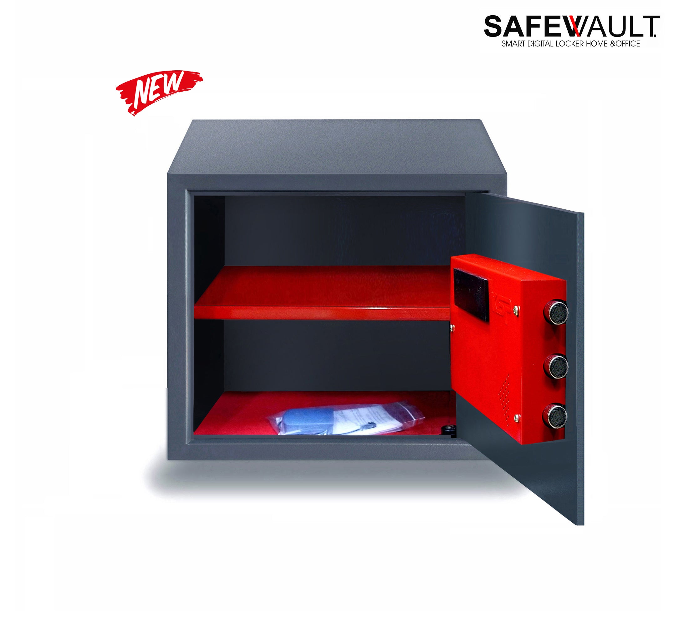 EBW-30 Smart Digital Biometric Locker with a biometric keypad and red interior lining