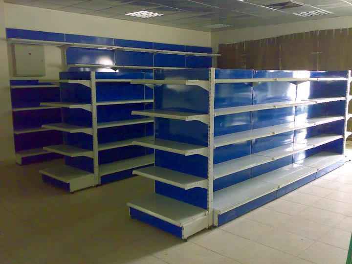KSP blue and white wall shelves and ledges designed for supermarket shelving in storage or retail space