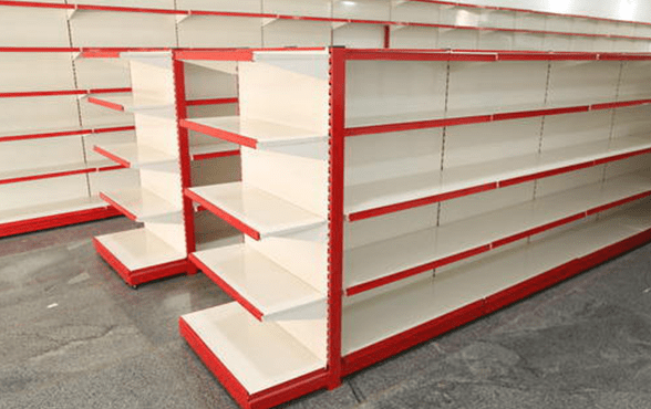 KSP supermarket shelving wall shelves and ledges with white and red metal structure
