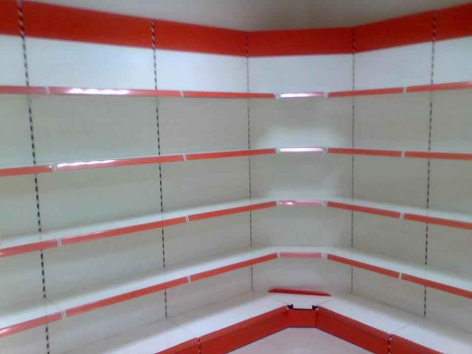KSP white and red corner wall shelves and ledges for supermarket shelving display