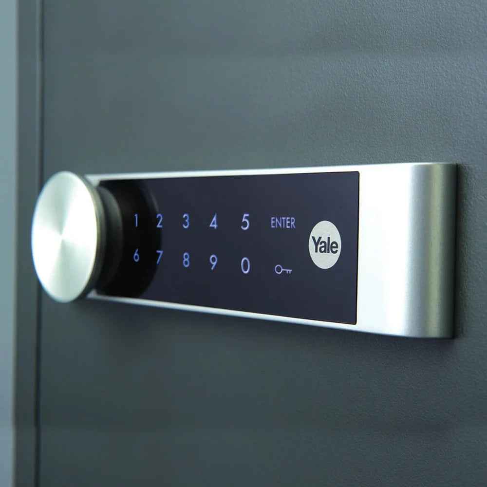 Yale Electronic Office Fire Safe Locker Box with a sleek digital keypad and modern design