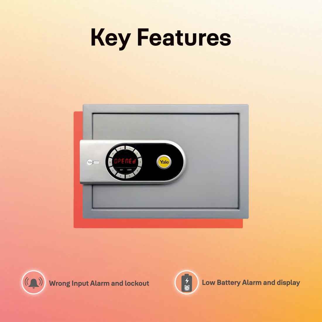 Electronic Safe Medium gray digital safe with keypad display showing open and alarm icons for wrong input and low battery