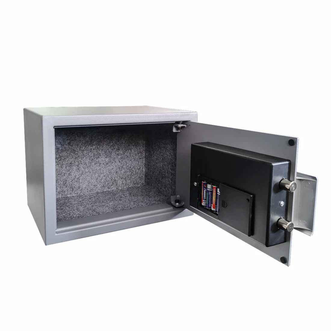 Electronic Safe Medium gray open safe with felt interior and battery powered electronic lock