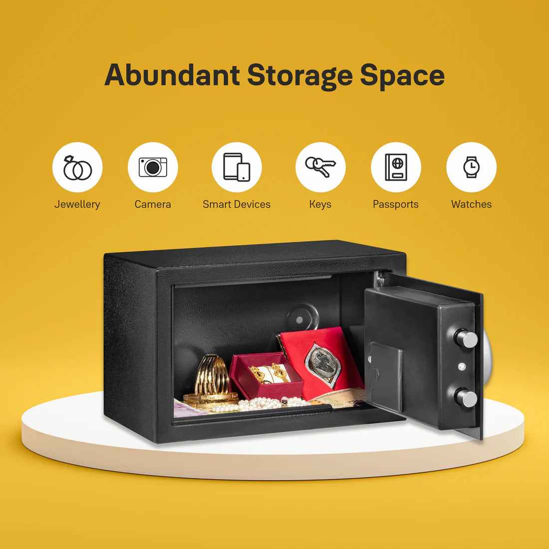 Yale Home Security Safe Lockers With Pincode Access showcasing dimensions and specifications for secure storage