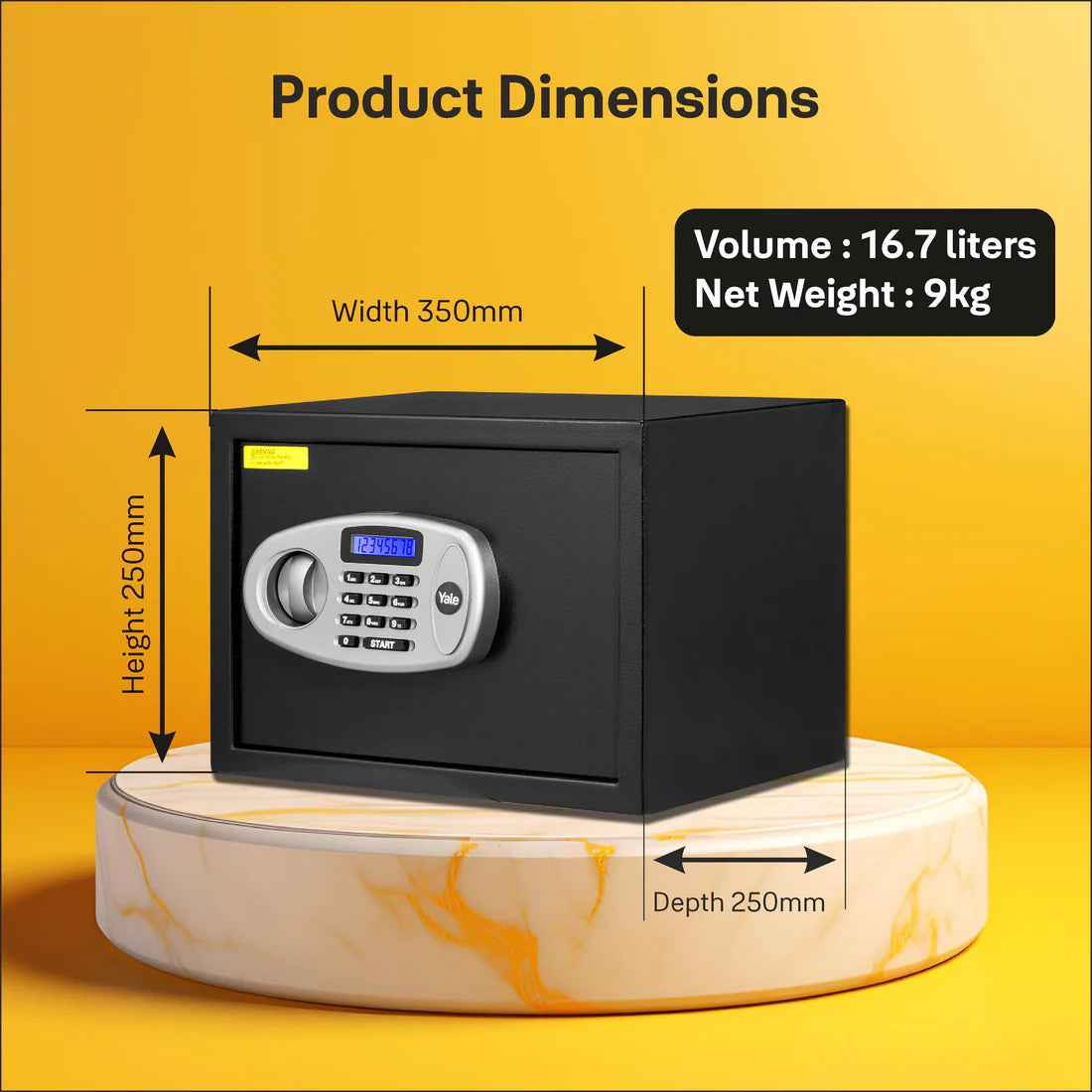 Yale Home Security Safe Lockers With Pincode Access showcasing dimensions and specifications for secure storage