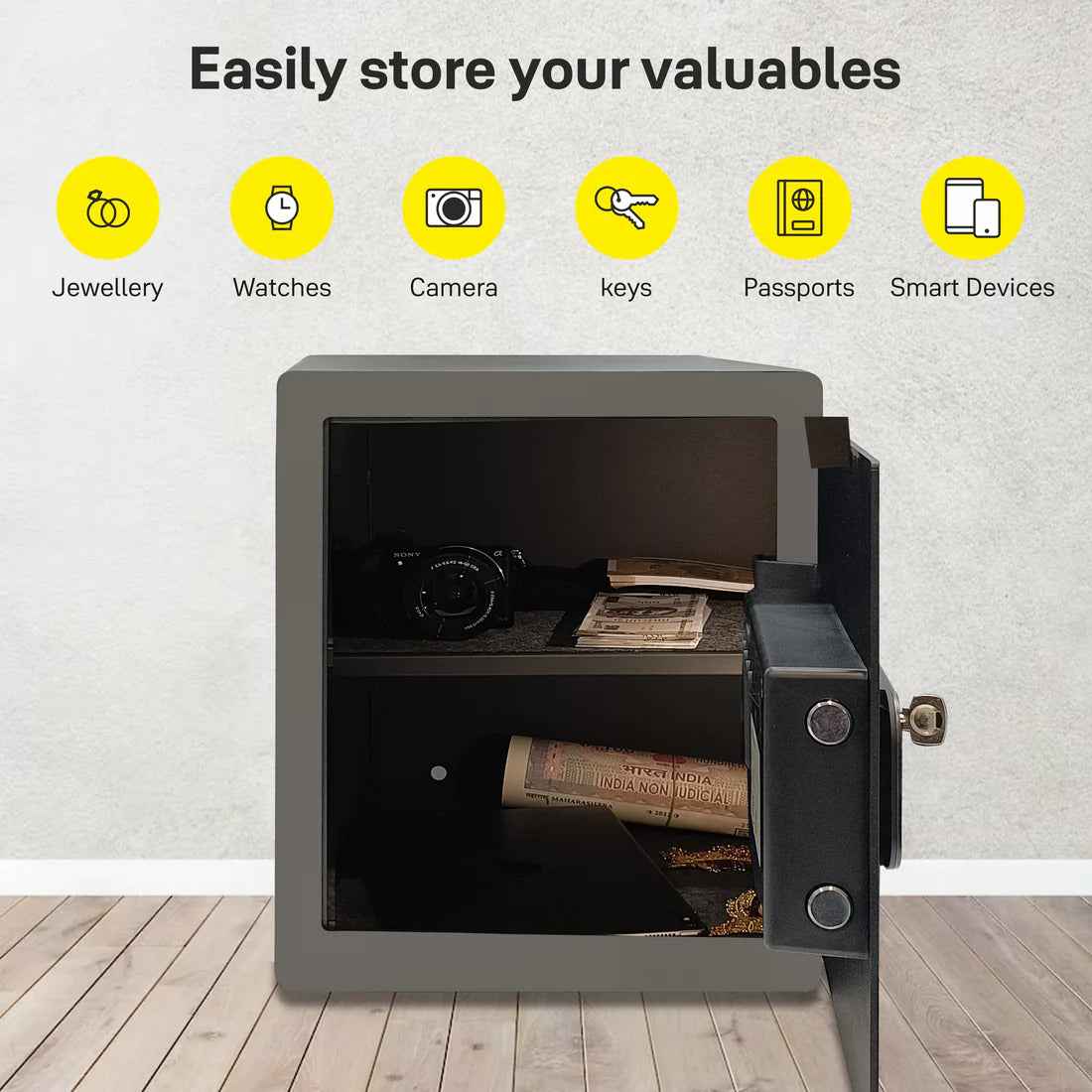 Yale Maximum Security Motorised Safe office with two shelves for jewelry, cameras, and important documents