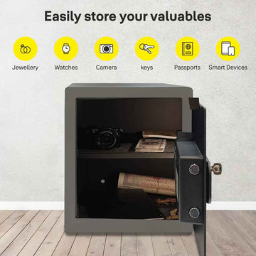 Yale Maximum Security Motorised Safe office with two shelves for jewelry, cameras, and important documents