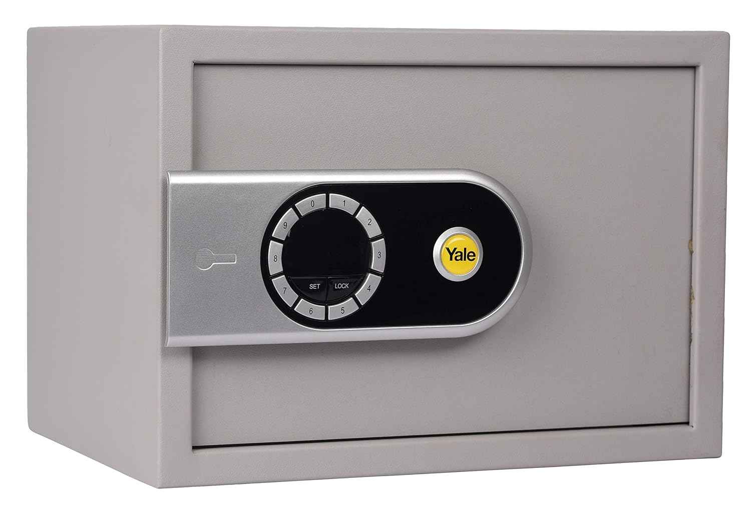 Yale Electronic Safe Small grey compact electric safe with digital keypad dial and Yale logo