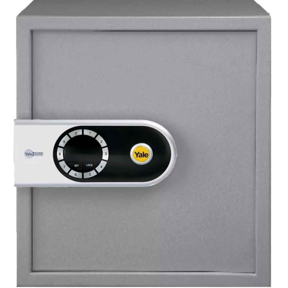 Yale Electronic Safe Small gray compact electric safe with digital keypad and Yale logo from My Store