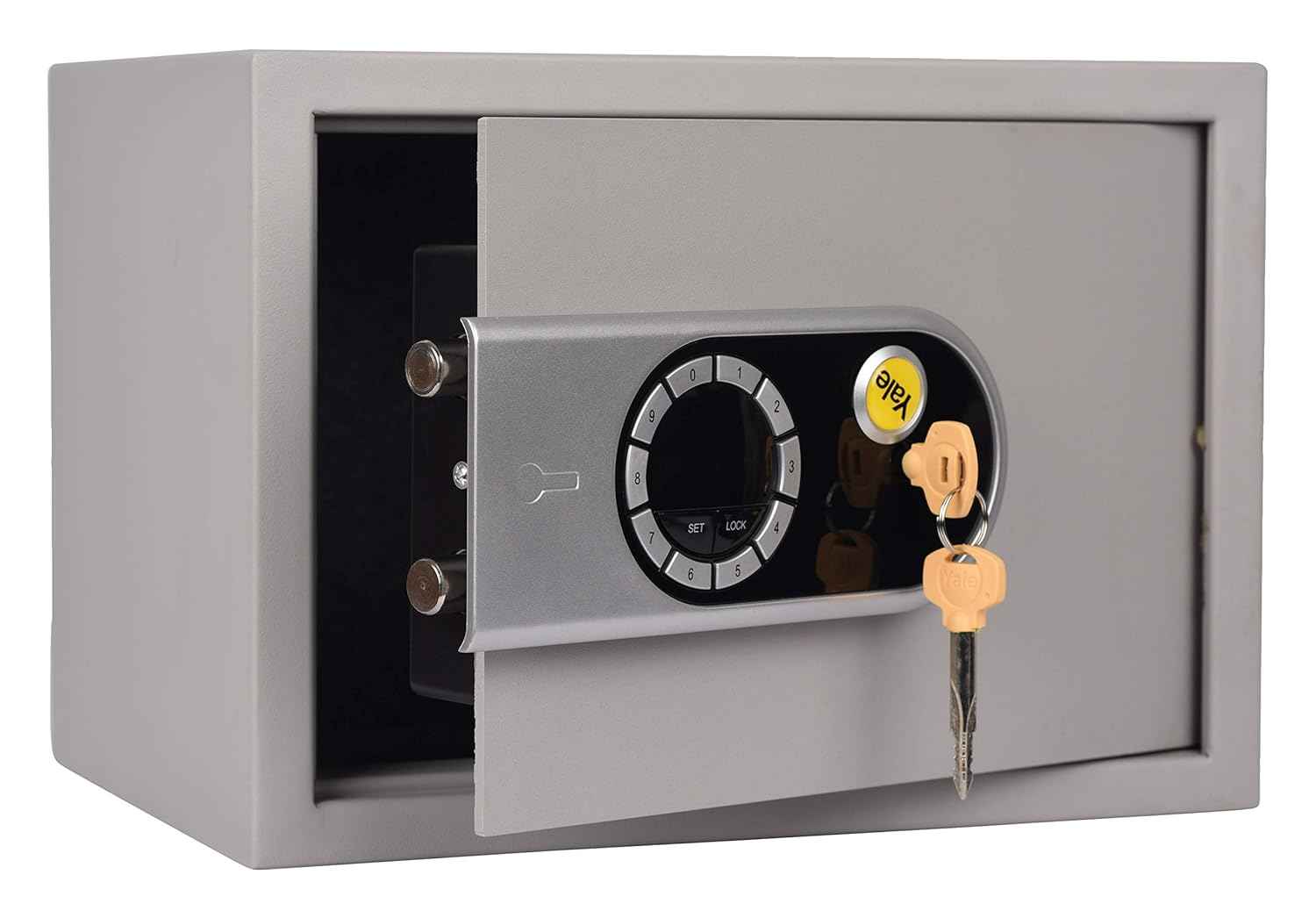 My Store Yale Electronic Safe Small gray compact home safe with circular keypad open door and keys