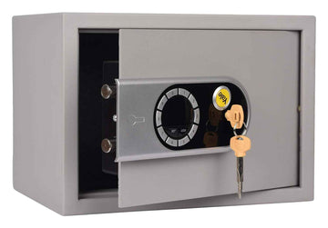 My Store Yale Electronic Safe Small gray compact home safe with circular keypad open door and keys